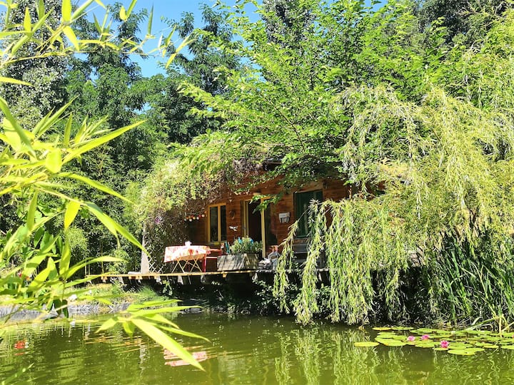 A cottage on the edge of a pond .