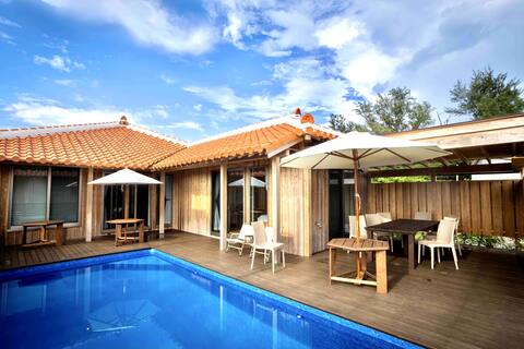 Okinawa wooden architecture with private pool, entire house, old house style, open-air bath,