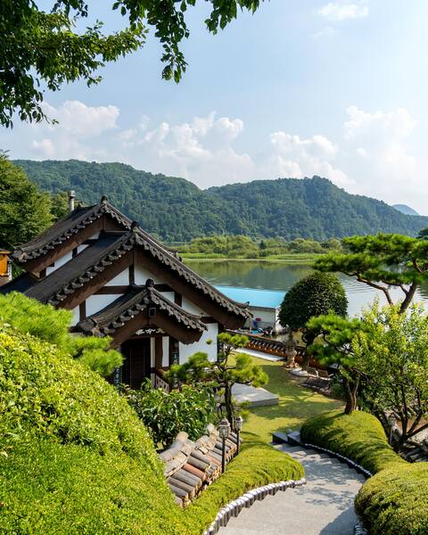 Private hanok stay surrounded by the Bukhan River
