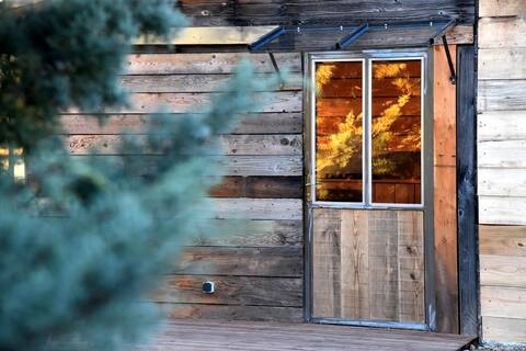 Cabin in garden, pool