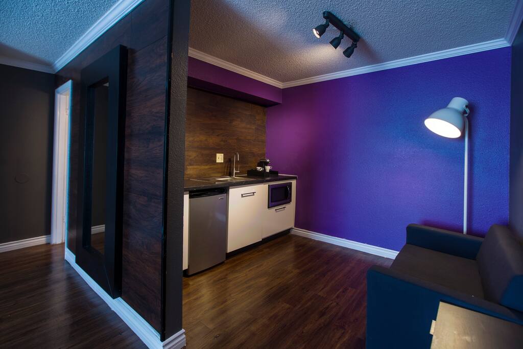 Track lighting. Convertible Sofa-bed. Kitchen with mini-fridge, microwave and K-cup coffeemaker.