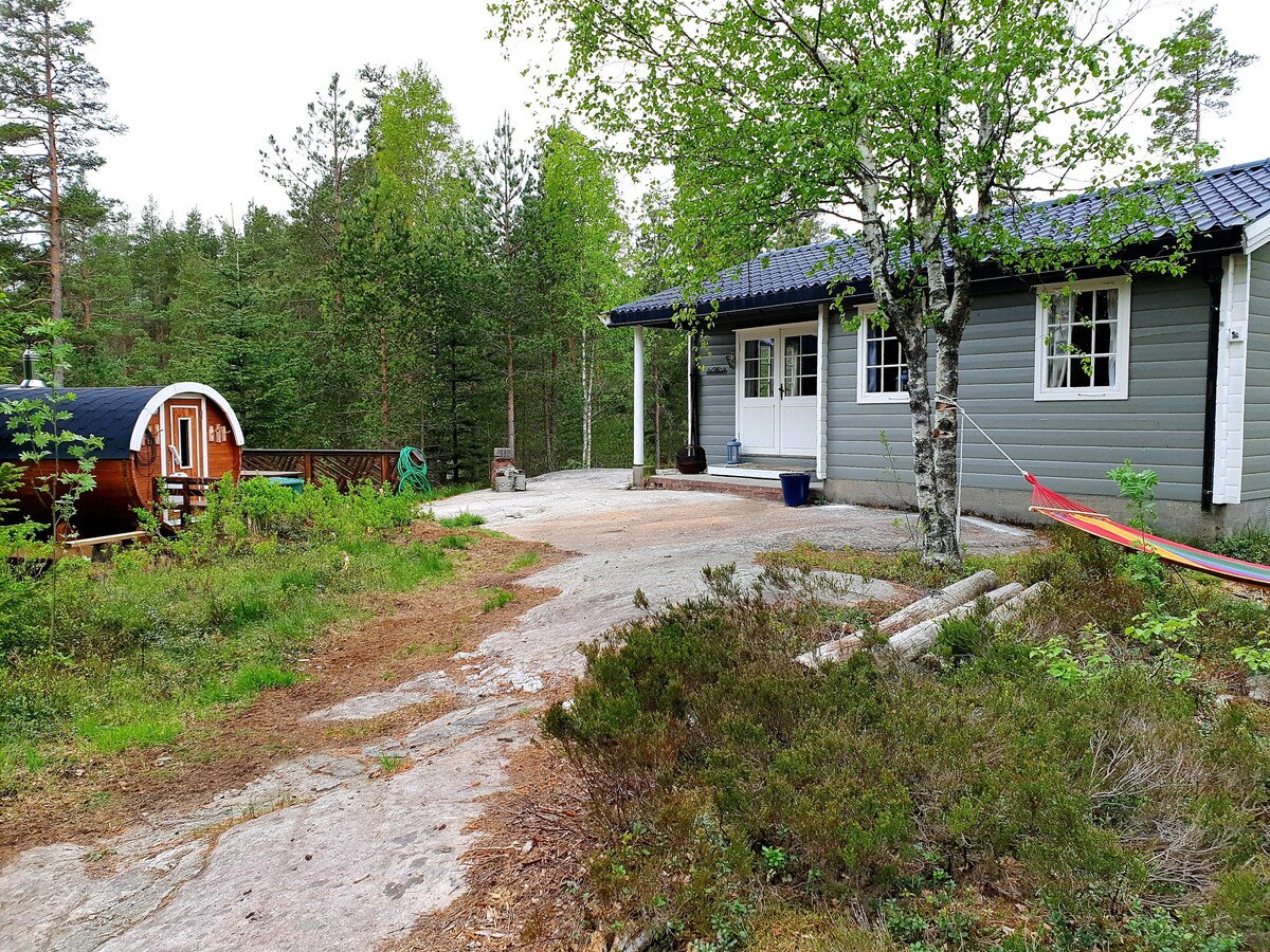 The exterior of the cottage is shown, surrounded by a lush forest. A small wooden sauna is visible nearby, with a patio area featuring a hammock. A stone path leads to the entrance, framed by greenery and the soothing colors of nature.