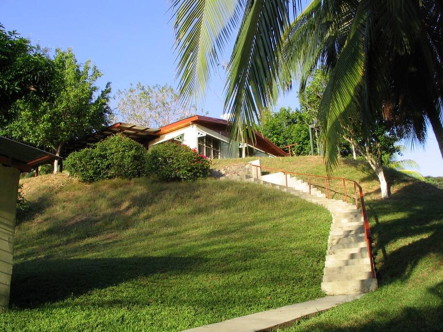 Stairs from House to Pool, yard, and beach access.