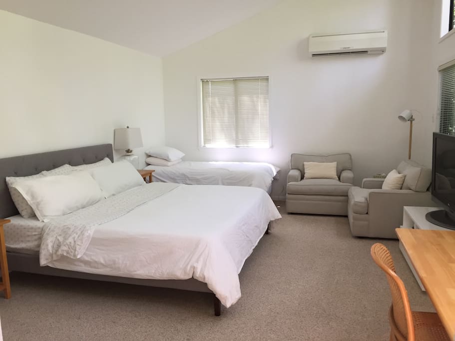 King size bed with memory foam mattress and one twin bed.