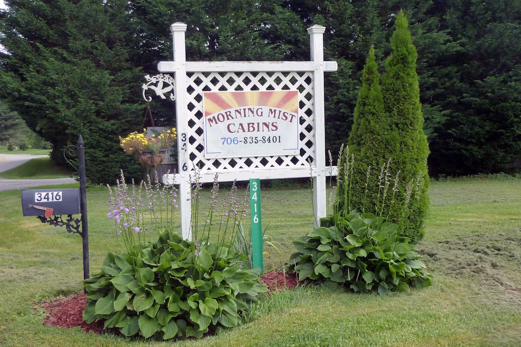 Welcome sign to Morning Mist Cabin
