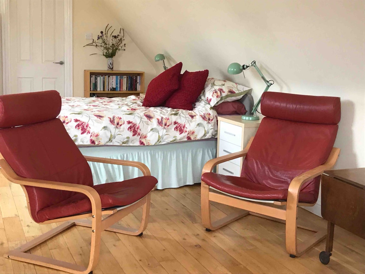 A studio sleeping area features a king-size bed adorned with floral bedding, complemented by two red leather chairs positioned nearby. A small wooden side table is present, along with a shelf displaying books. Soft lighting is provided by green lamps on either side of the bed.
