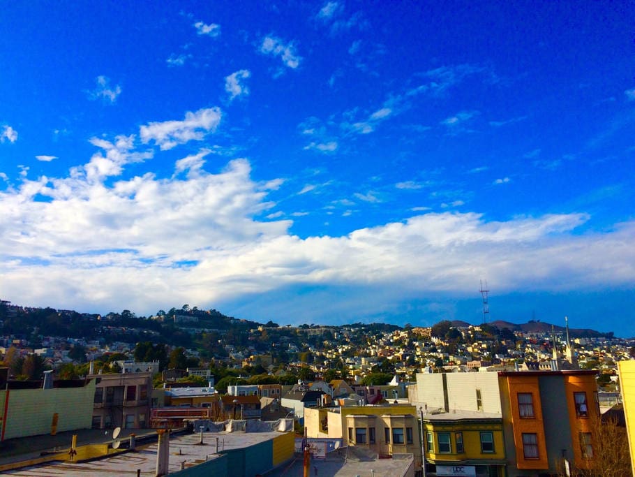 View from the kitchen. Sutro Tower on top of the hill.