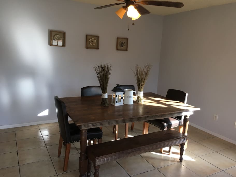 Dining Room includes a custom built dining table with room for seven. High chairs available on request.