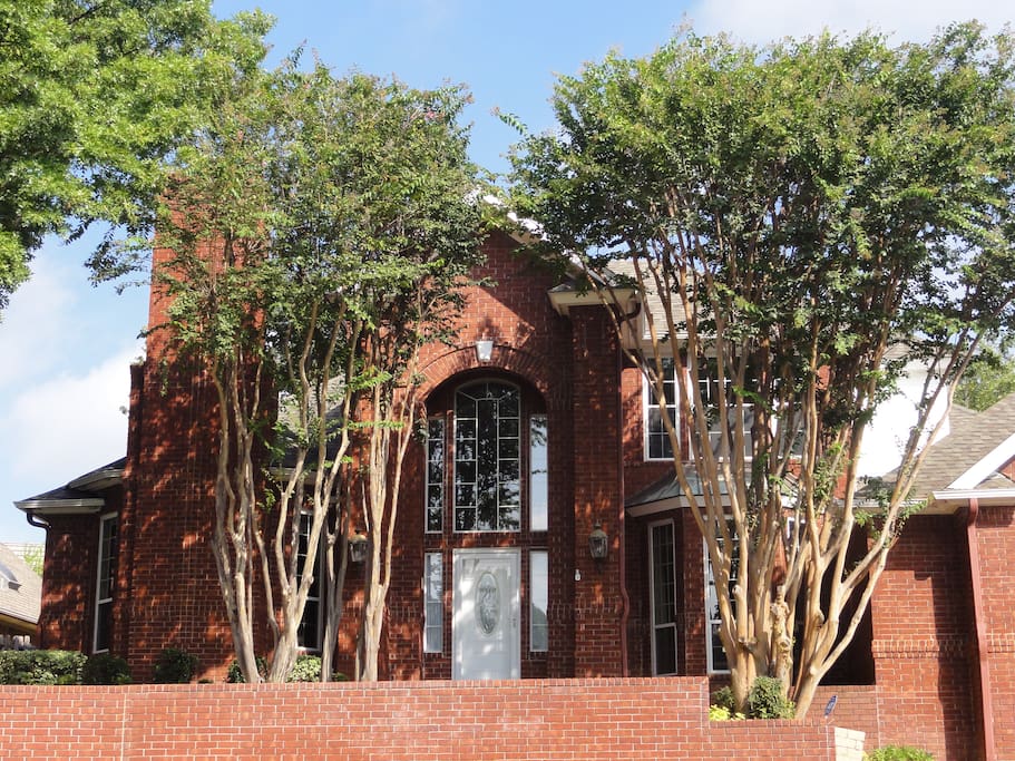 Tall crepe myrtle trees frame the entryway to the house.