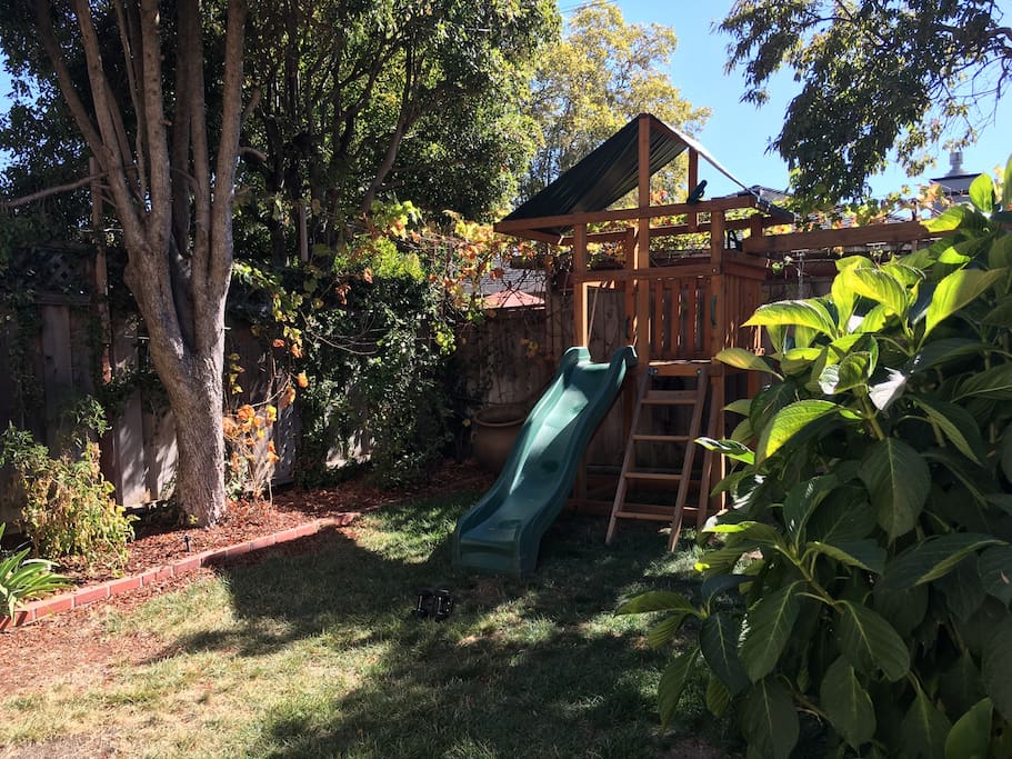 Playstructure in enclosed back yard on a sunny California day