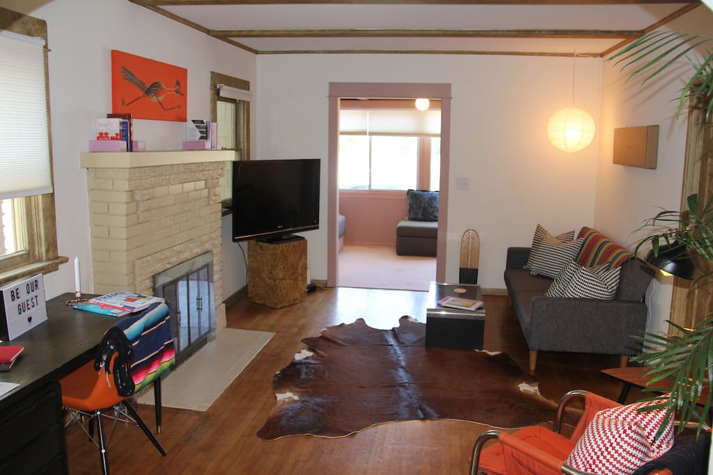 Living Room & Entry (with full sized pull-out sofa bed) (from dining room)