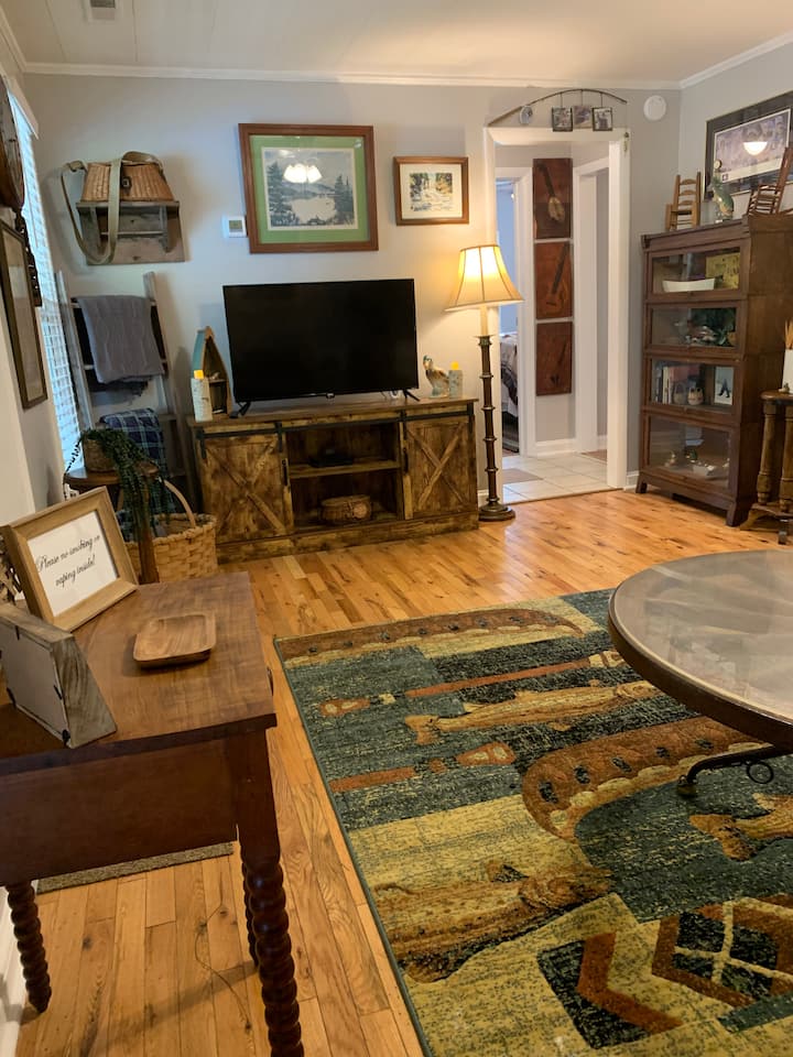 Living room with smart tv, board games, books, dvd player, cable, and local artwork