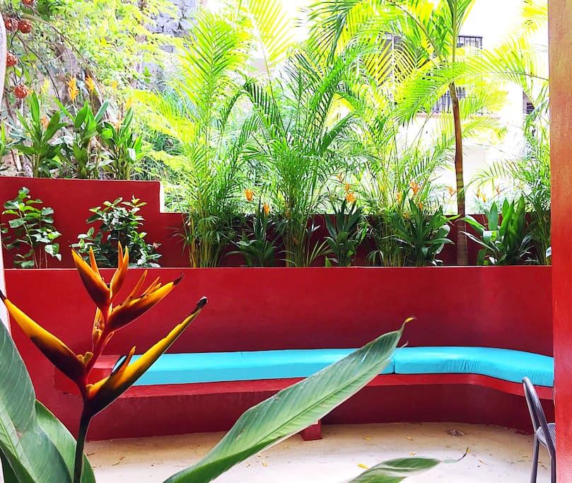 Private terrace with lush tropical garden