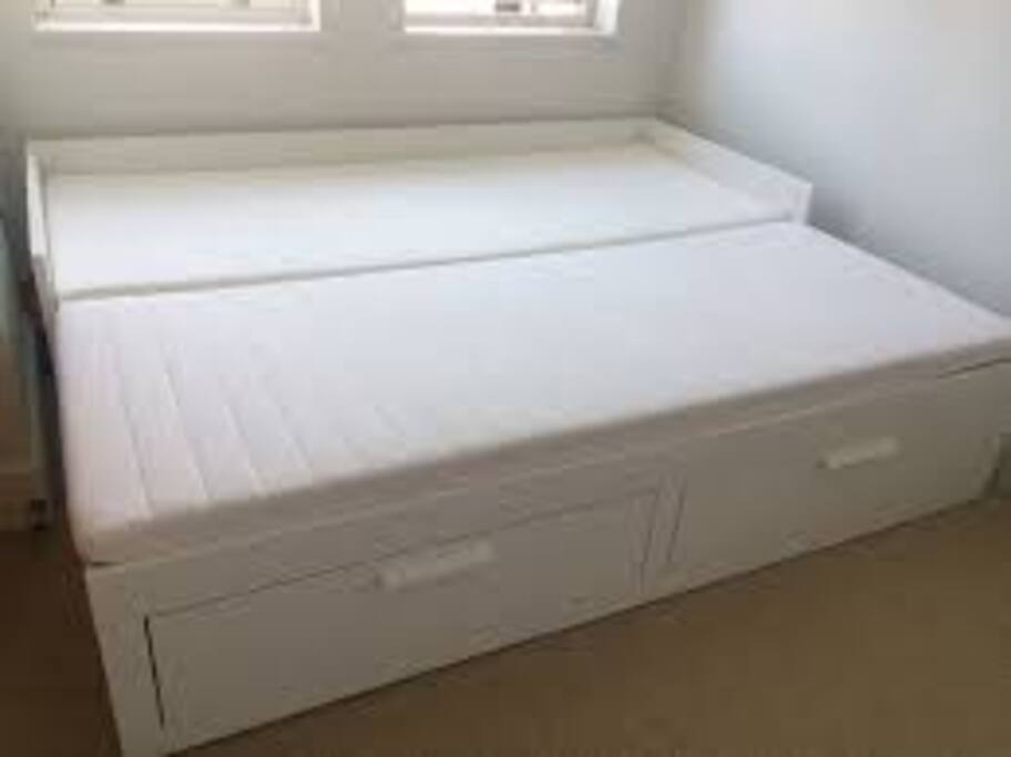 Bed in Mezzaine: Single or Queen size. 80 x 200cm when pulled full
