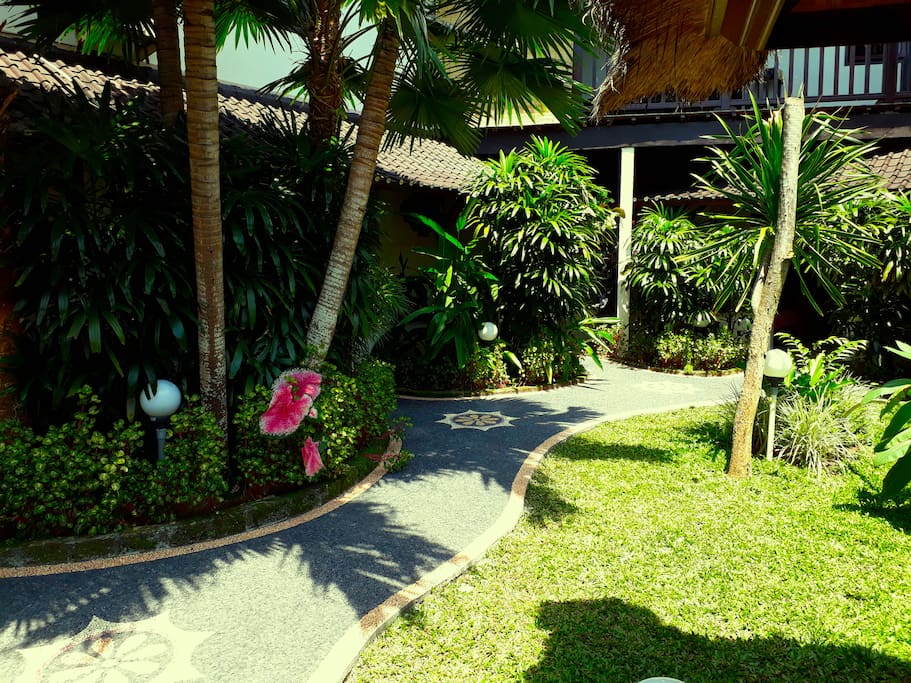 Day time in our tropical garden area where our three private garden bungalows are located. New small stone Pathway taking you to your Garden Bungalow #4, turn left at the flower.