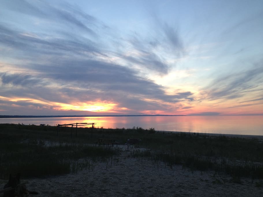 Sunset with picnic table and firepit