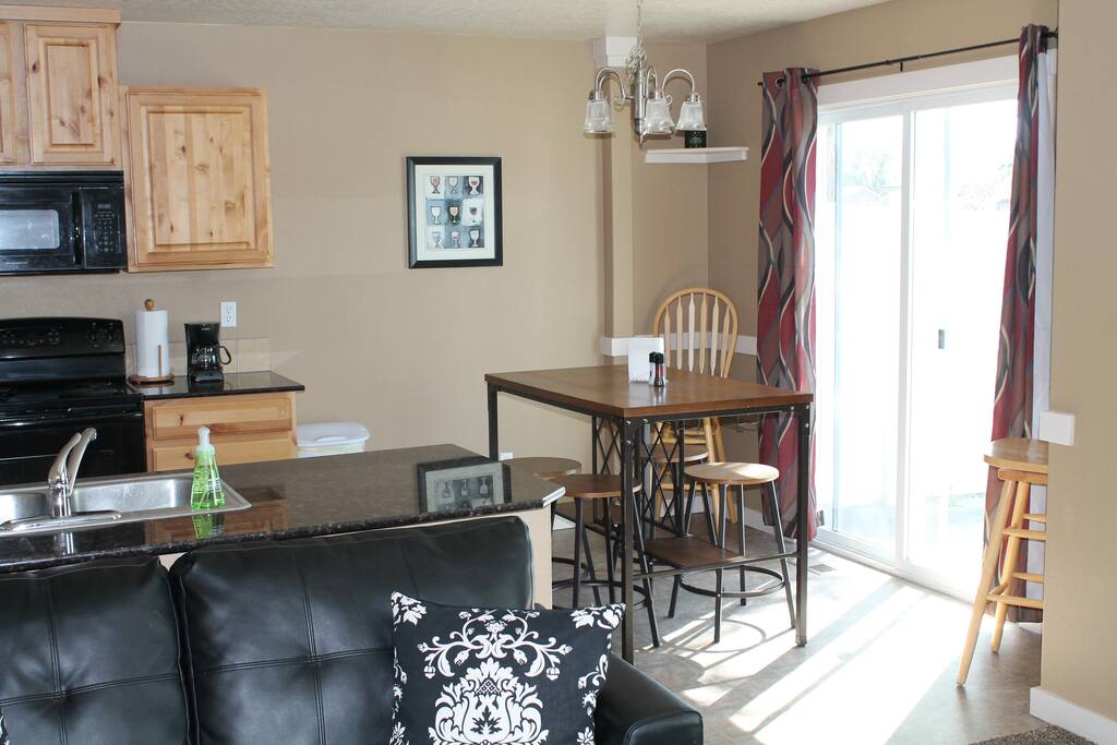 Looking into the kitchen/dining area from the living room.