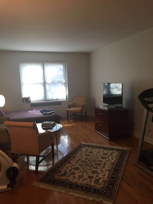 Living room with comfortable and substantial king-sized mattress bed that sleeps two