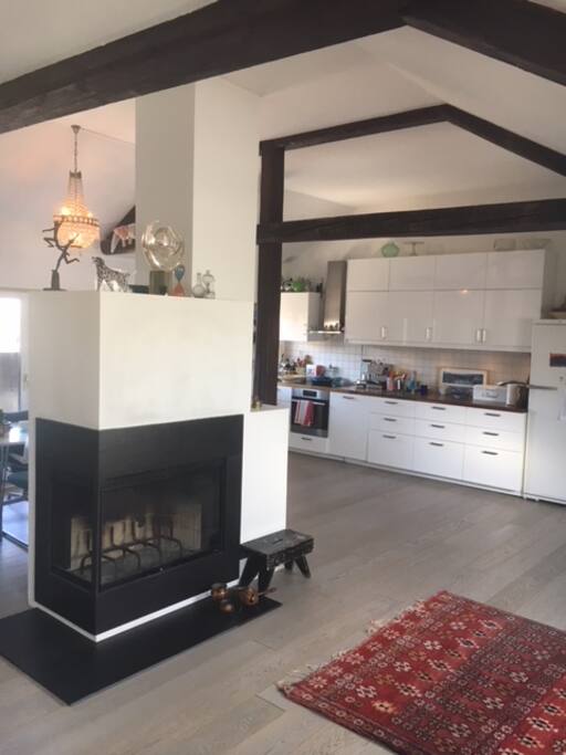Kitchen & livingroom (dining area behind the fireplace facing the terrace)