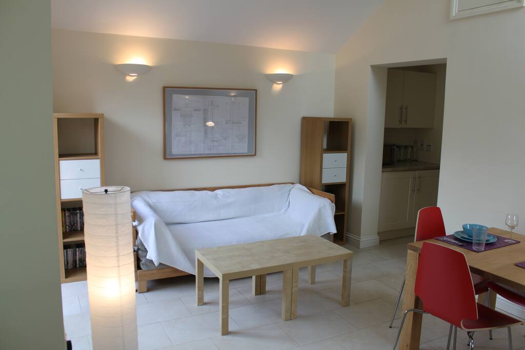 Living area and kitchen to the right