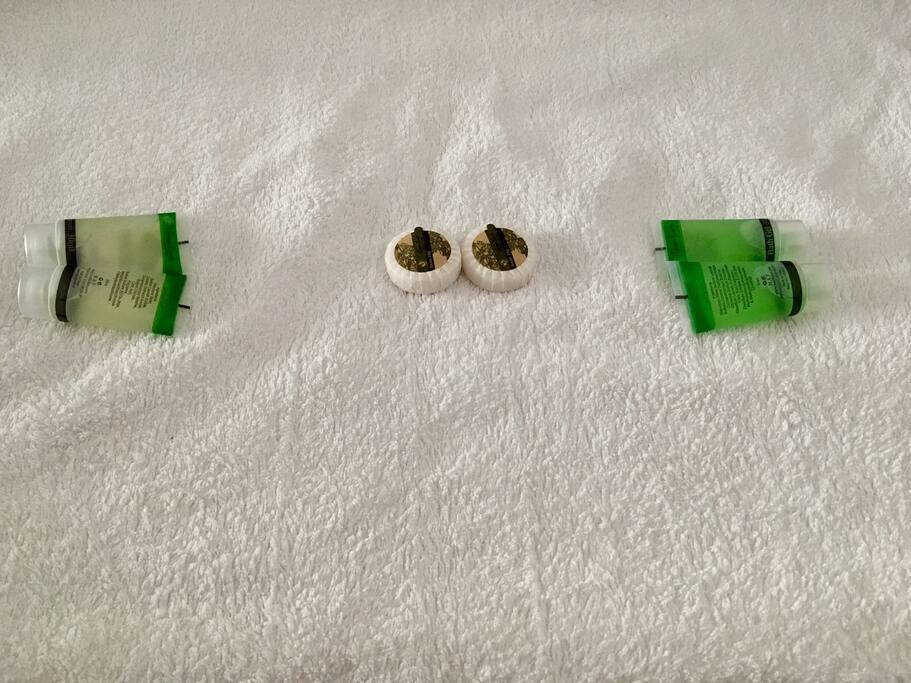 Shampoo, shower gel, soap and towel for the guest.