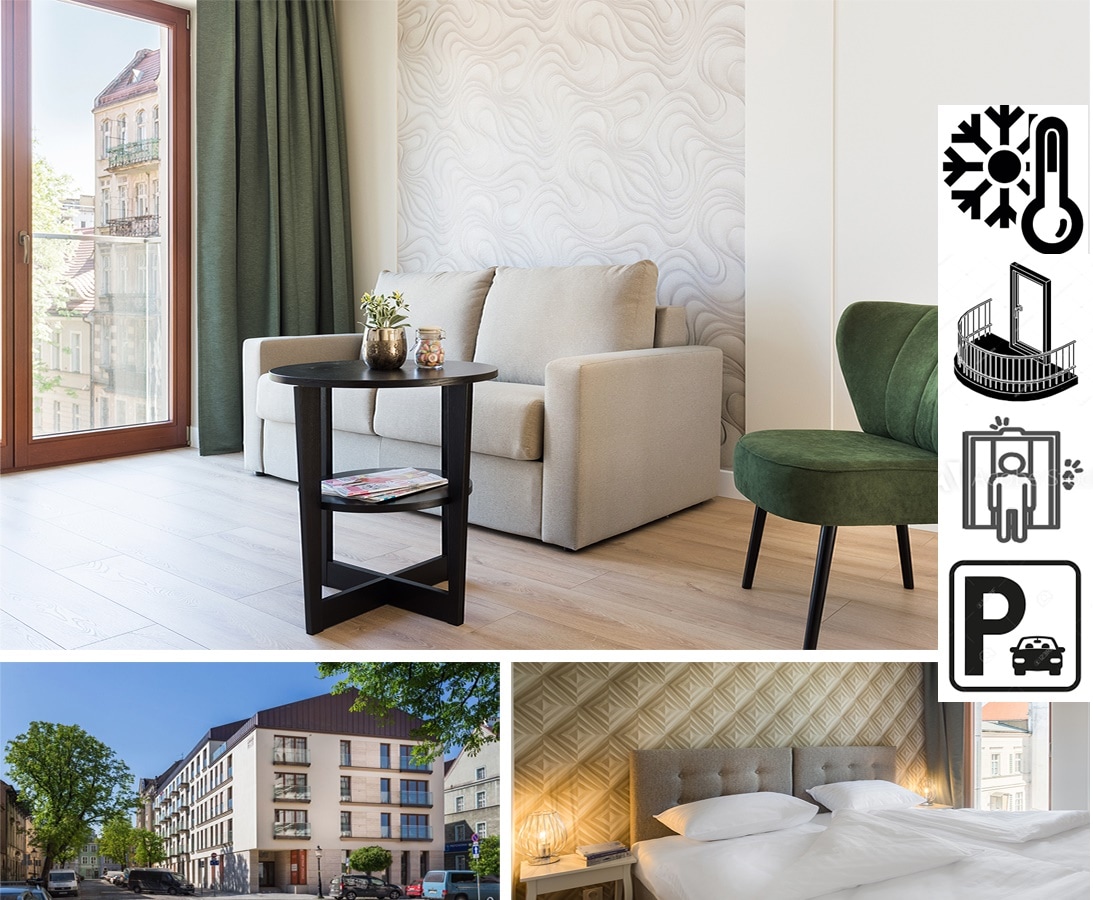 The living area features a light-colored sofa and a small round table against a textured wall. Natural light enters through floor-to-ceiling windows, adorned with green curtains. A modern green chair complements the space. The bedroom showcases two spacious beds with crisp white linens.