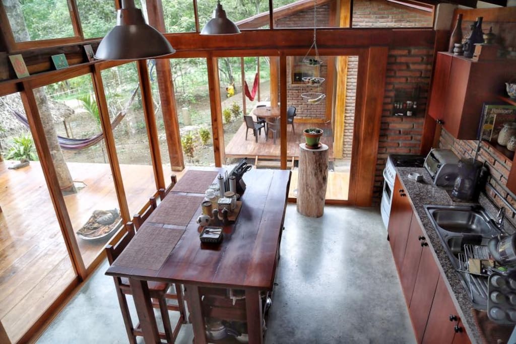 Rustic lunch counter and sliding doors