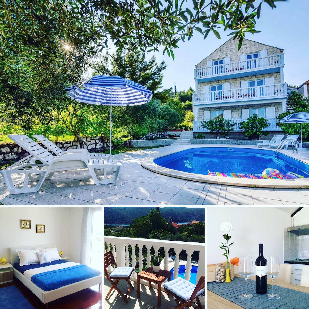 An outdoor space features a swimming pool surrounded by lounge chairs and umbrellas, with views of lush greenery. A cozy interior showcases a bedroom with a spacious bed and a bright accent, while a dining area includes a bottle of wine and fresh flowers on a table.