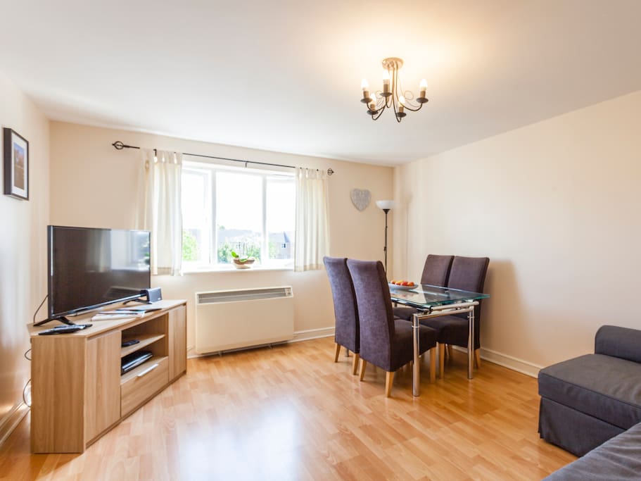 The spacious living room and dining area.