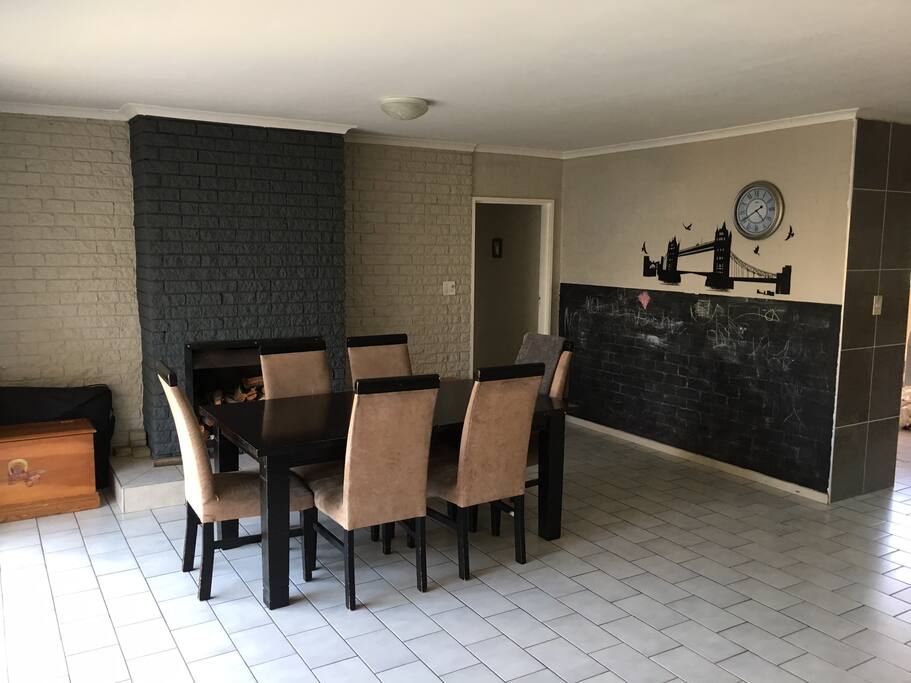 Dining room with fireplace.