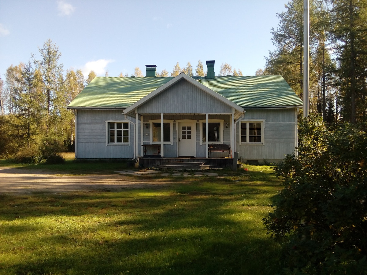 A spacious light blue house is set in a green landscape surrounded by trees. The structure features a sloping green roof and wide front steps leading to a central entrance. Large windows provide natural light, complementing the tranquil outdoor environment.