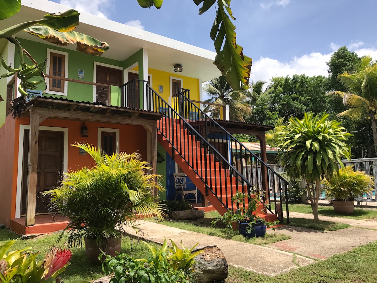 A bright and colorful two-story building features orange and green exteriors, complemented by a decorative staircase with black railings. Lush tropical plants and potted flowers are visible in the garden, providing a vibrant backdrop against the calm sky.