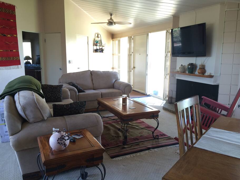 The living room is at the center of the common room area with plenty of space.