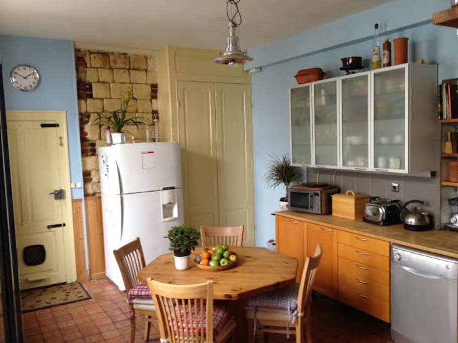 Kitchen with appliances looking out onto courtyard garden