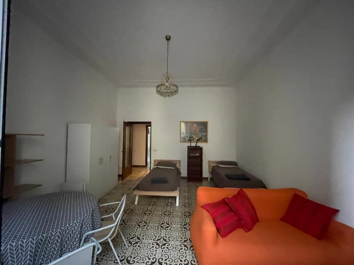 living/bedroom with twin beds, dining table and sofa