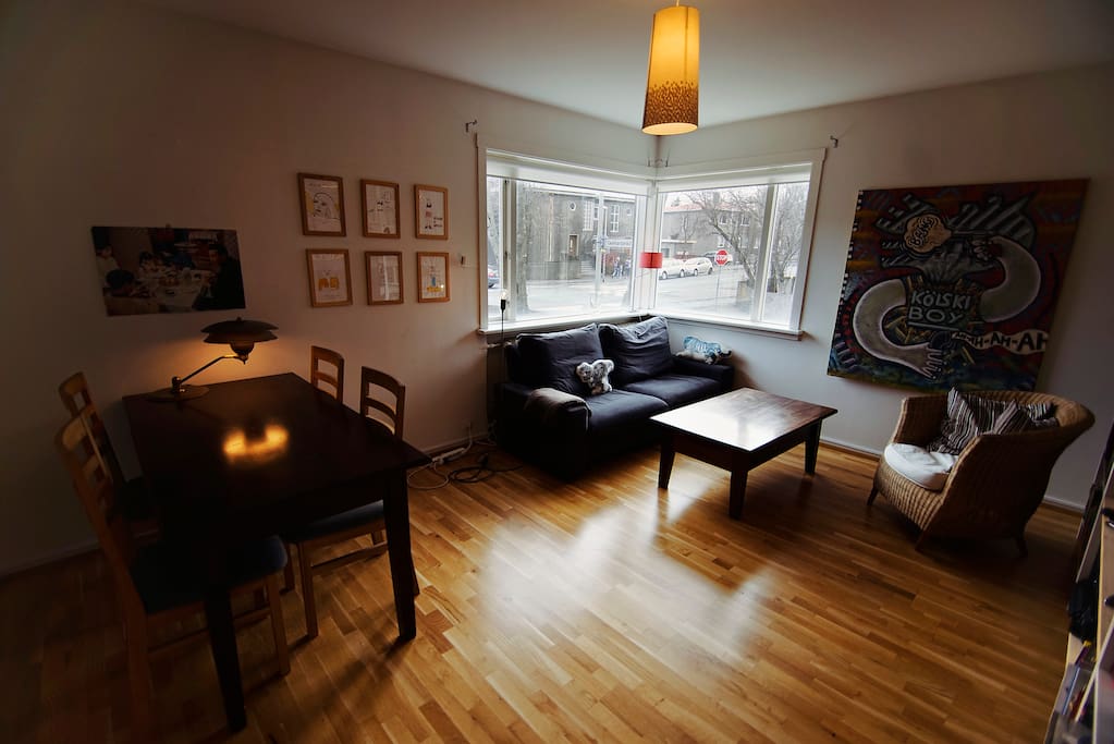 Living room with dining table.