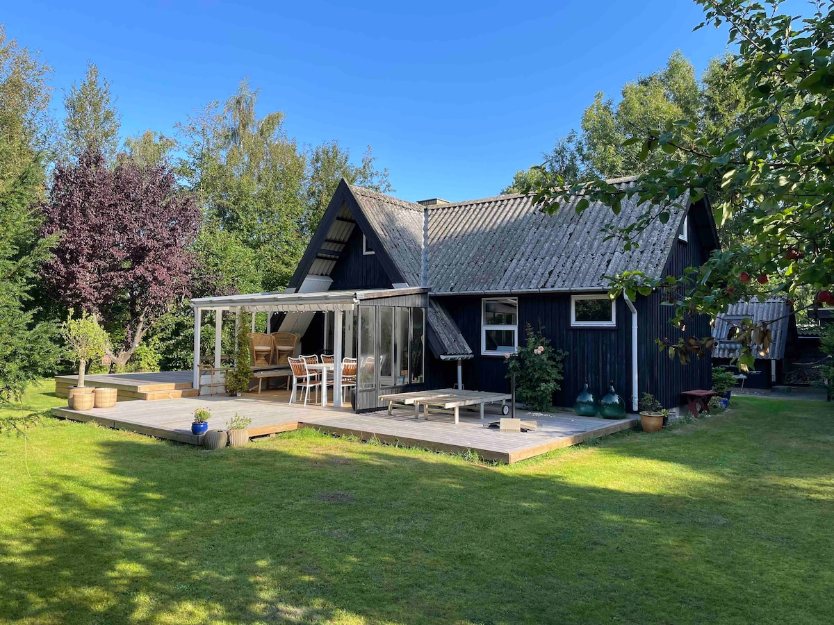 A black wooden house is set against a clear blue sky, surrounded by lush greenery. A spacious patio with a dining area is visible, inviting outdoor gatherings. Flower pots and carefully placed trees enhance the garden, providing a serene environment for relaxation.