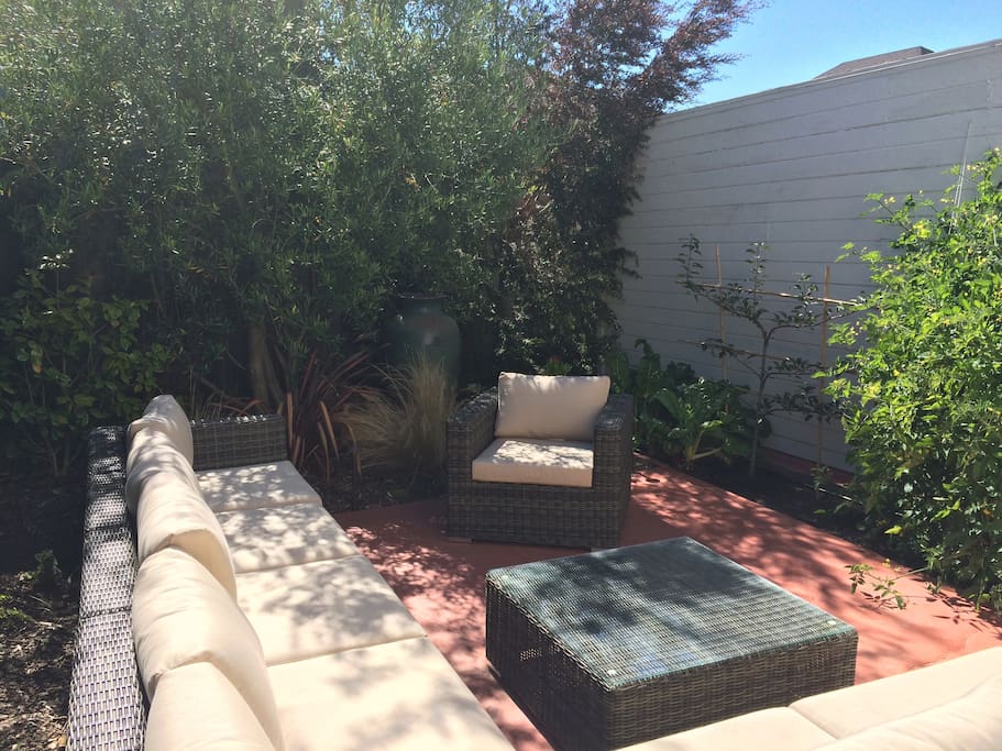 Outdoor living room with olive tree and veggie garden