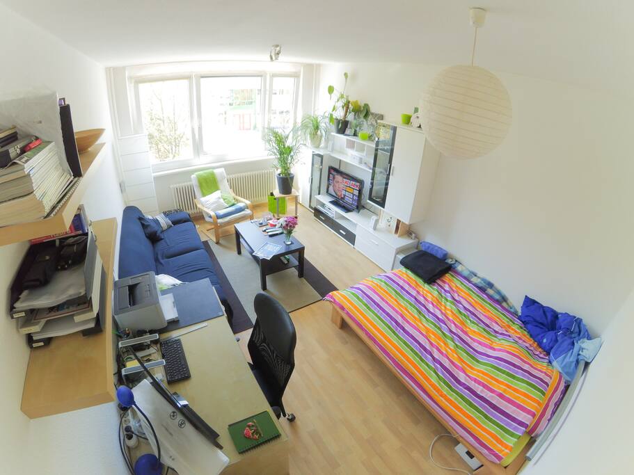 The Room, bed, couch, desk, sideboard and TV.(door side)