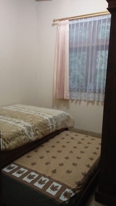 The bed is facing to the window