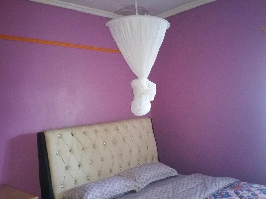 A cozy bedroom features a padded headboard with decorative detailing. The walls are painted in a soft purple shade, creating a calming backdrop. A white canopy drapes over the bed, adding a subtle touch to the space. Two neatly arranged pillows rest on the bed.