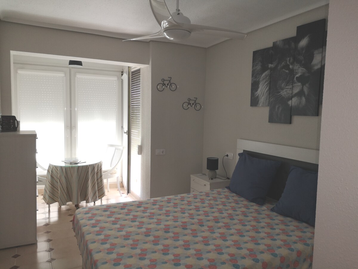 A bright bedroom features a spacious bed with a patterned blanket and two pillows. Natural light enters through two windows, creating an airy feel. A small round table with two chairs sits nearby, accented by a decorative lion wall art. A ceiling fan provides ventilation.