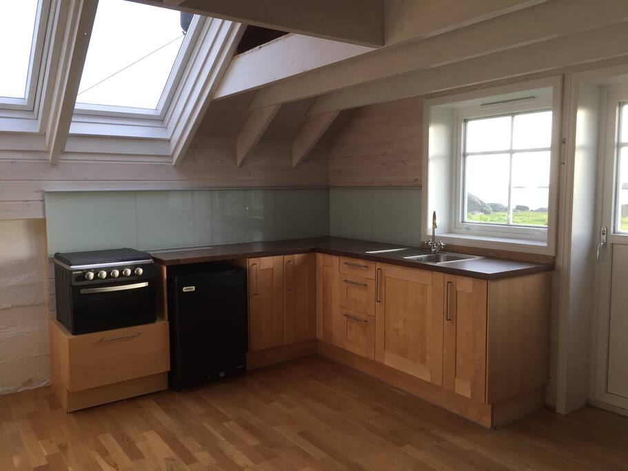 gas-powered kitchen space; note, no water