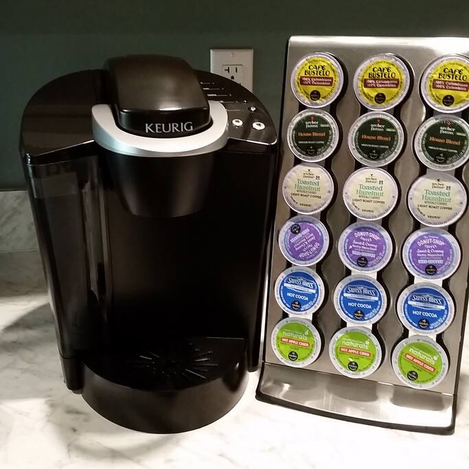 Complimentary starter set of hot beverages including a variety of coffee, hot chocolate, cider.
