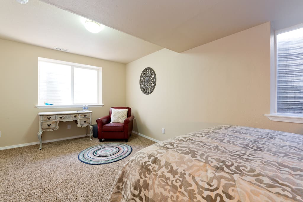 The bedroom provides plenty of space to arrange your things. A mini fridge provides a private space to store items needing refrigeration.