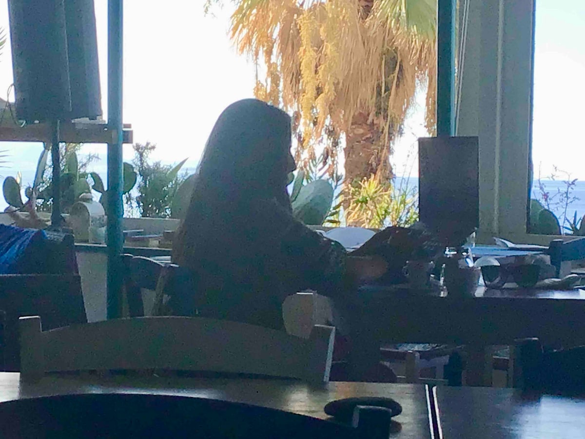 A shadowed figure is seen seated at a table, with hands engaged on a laptop. Bright sunlight streams through large windows, illuminating palm trees and the ocean view in the background.