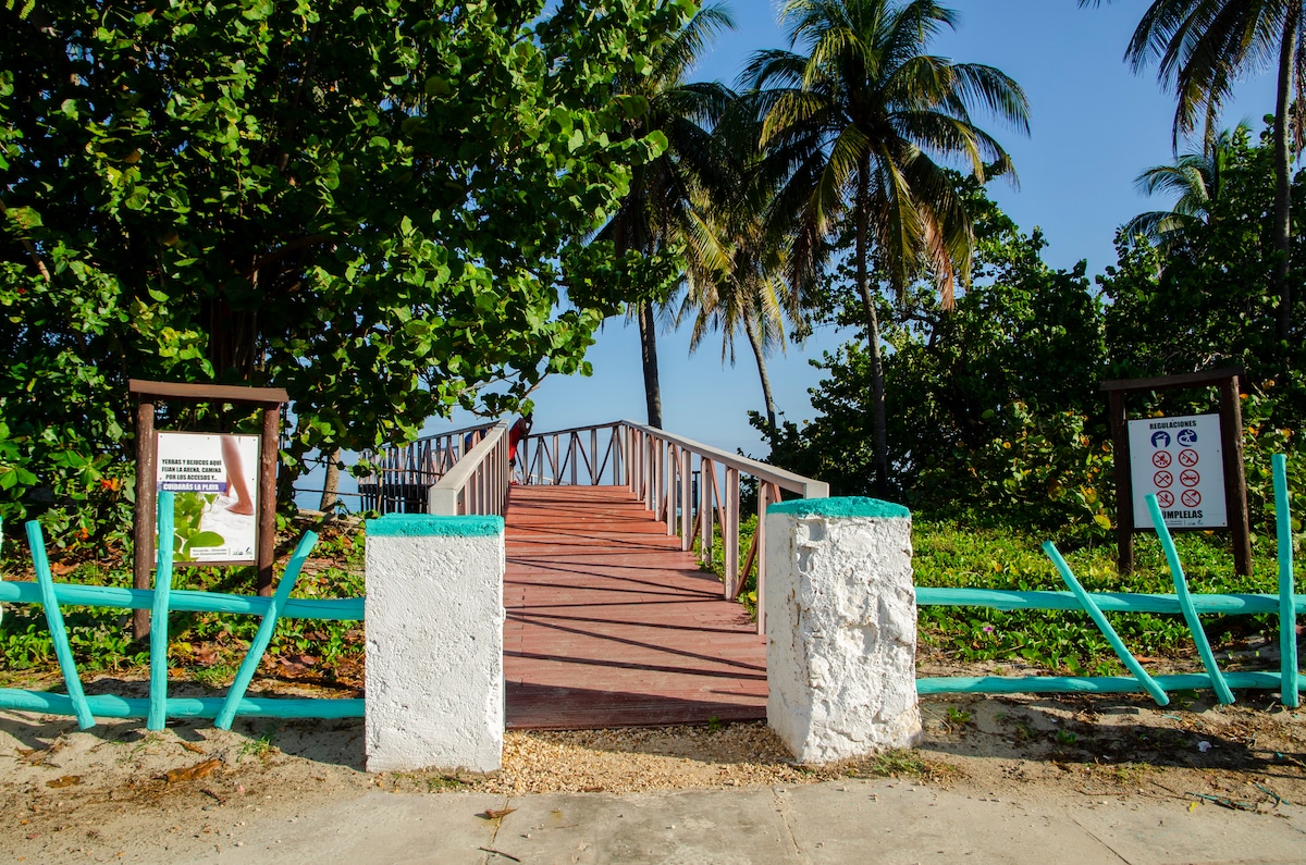 A wooden bridge with a coral-colored pathway leads through lush greenery to the beach. Palm trees frame the scene, enhancing the tropical setting. Informational signs are placed at either side of the bridge, indicating rules and local guidelines.