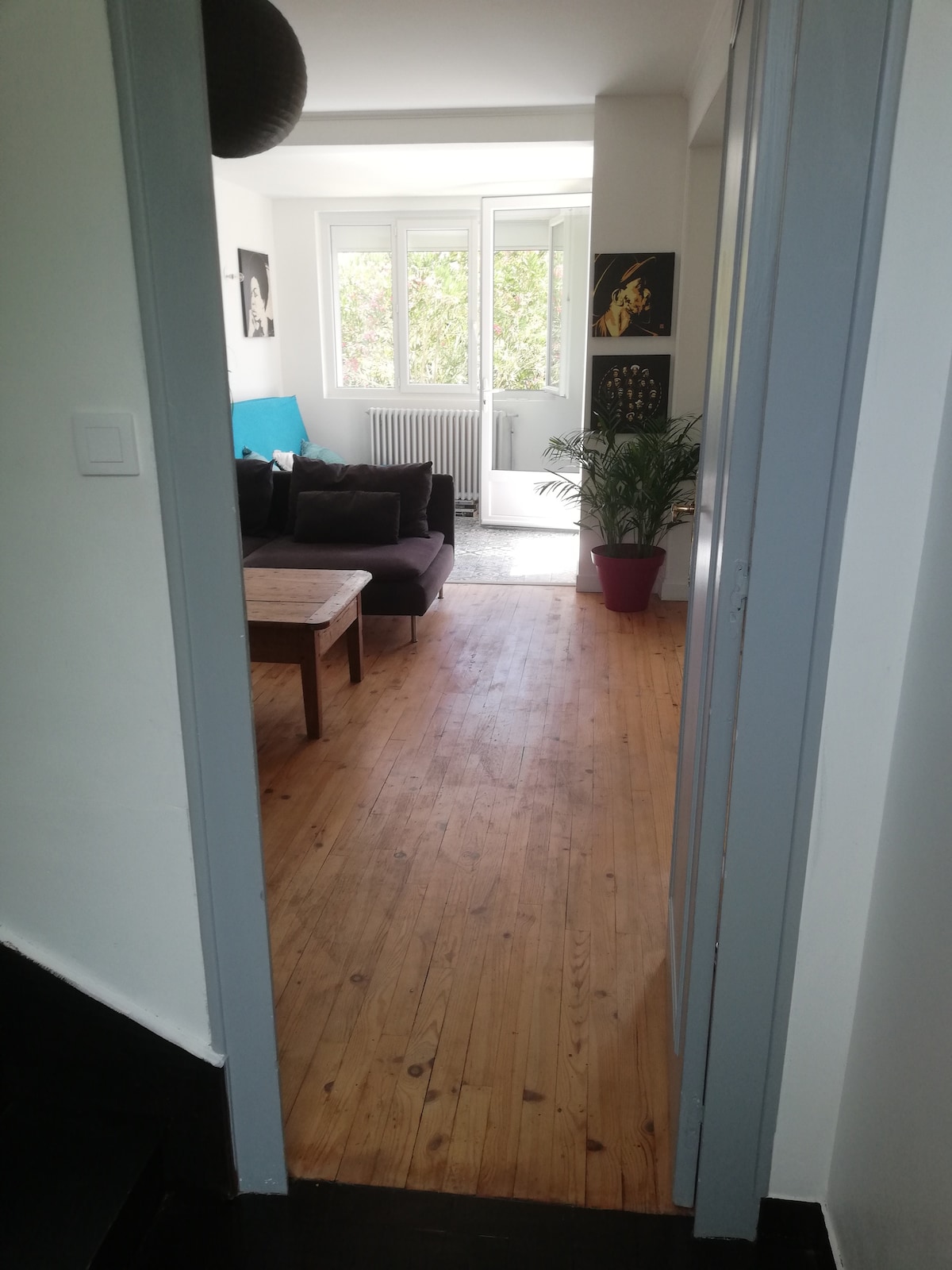 A hallway leads to a spacious living area featuring wooden flooring and natural light streaming in from large windows. A plant adds a touch of greenery, while a cozy seating arrangement and a table are visible in the room, contributing to a welcoming ambiance.