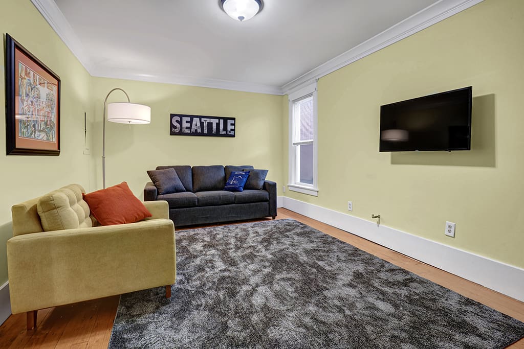 Pull out sofa w/ upgraded mattress (more comfy but still a sofa bed). More furnishings/decor coming.