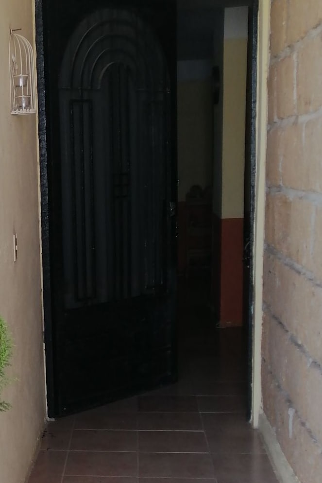 A black, wrought-iron door is slightly ajar, revealing a glimpse of the interior hallway. The walls are painted in warm tones of yellow and terracotta. A potted plant is positioned to the left of the entrance, adding a touch of greenery.